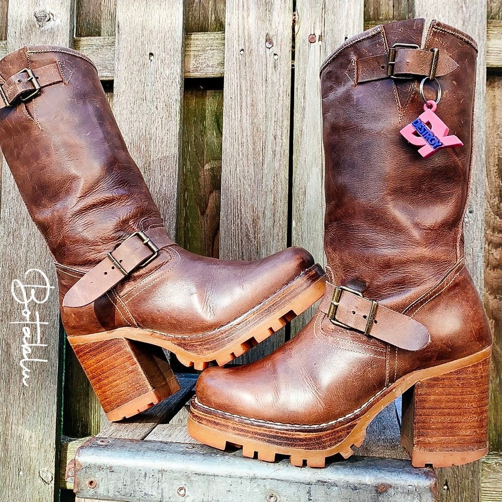 DESTROY Platform Vintage Chunky High Heel Y2K Brown Boots - Picture 1 of 11